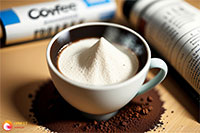 یک فنجان قهوه با پودر کراتین روی آن، روی یک توده قهوه.